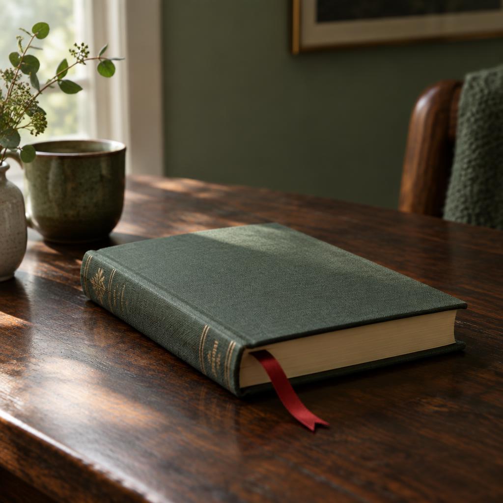 A closed green cloth-bound book with a red ribbon marker